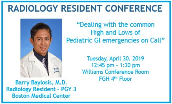 BURadiology's tweet photo. This week Radiology Resident Conference is being presented by Barry Baylosis MD on "Dealing with the common High and Lows of Pediatric GI emergencies on Call".
#residentconference #BURadiology @The_BMC @BUMedicine https://t.co/2XgT4n5eSR