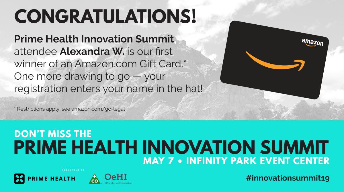 PrimeHealthCO's tweet photo. Congratulations Alexandra W. for being our first drawing winner! 
Everyone that registered is entered to win a gift card.
@AlexBeconHealth
#innovationsummit19

1 more week one more drawing

(for entering without registering message us)

Register here:
https://t.co/9QJD0OFH7V https://t.co/SWXdEqfpYV