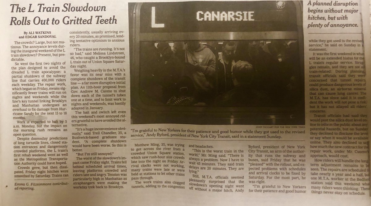 edjsandoval's tweet photo. “It’s a huge inconvenience obviously,” said Trell Chandler, 25, a Bushwick-based graduate student. “A complete shutdown would had been worse. So this is better.”
“But I’m still annoyed.” @NYTMetro #Ltrainslowdown https://t.co/uPFFkFHEbG