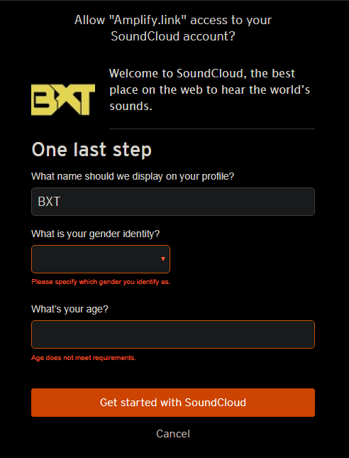 bxtmusic's tweet photo. @SCsupport Why on earth do I get this when I just want to link my Soundcloud account? It's 8 years old there's no need to "get started"... https://t.co/yMEghyB5Ss