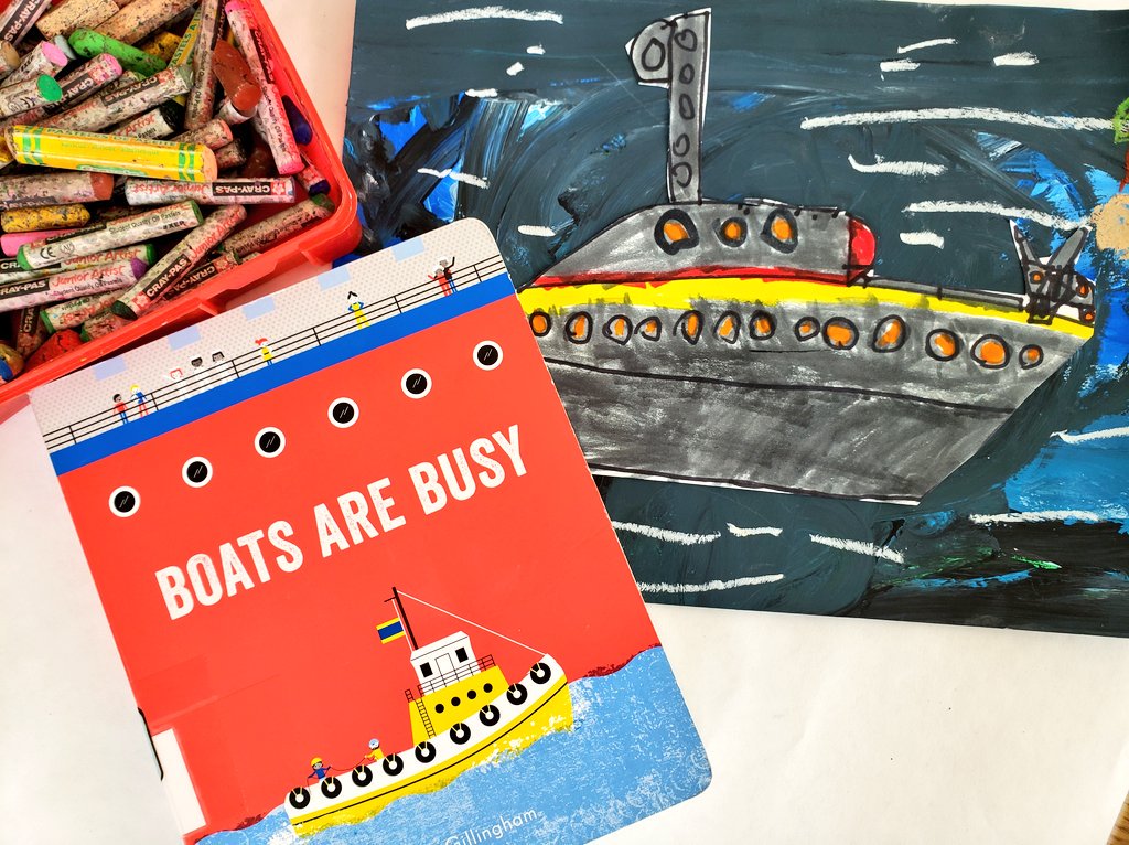 JuliaGoggi's tweet photo. KM read Boats are Busy. We added cut out ships and oil pastel details to our background today. #managedchoice #responsiveclassroom #materialexploration https://t.co/oKqLkaH6Em