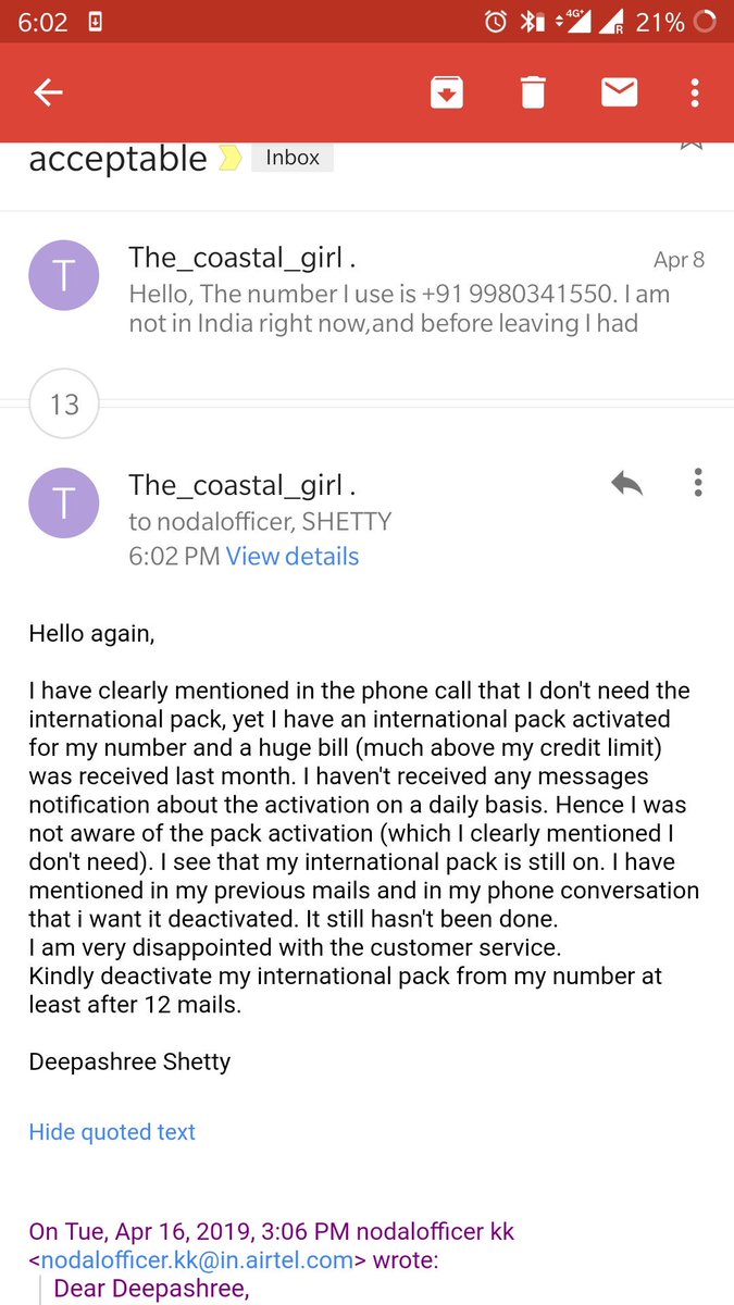 the_coastalgirl's tweet photo. I have tried everything to fix the issue. No response. They charge me a huge bill of 17200/- for a pack that I had clearly denied and still keep it active.
#airtelBadCustomerService #ScammingThecustomers
#HorribleExperienceAirtel @airtelindia @Airtel_Presence @ETTelecom https://t.co/f1jgAZa59l