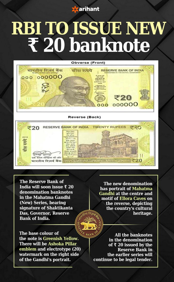 arihantpub's tweet image. #RBI #NewCurrency #Rs20Note #LegalTender

The Reserve Bank of India has announced on 26 April 2019 that it would shortly issue a new ₹20 note.

Here&apos;s &quot;All You Need to Know&quot; about the &quot;New Rs. 20 Note&quot;.