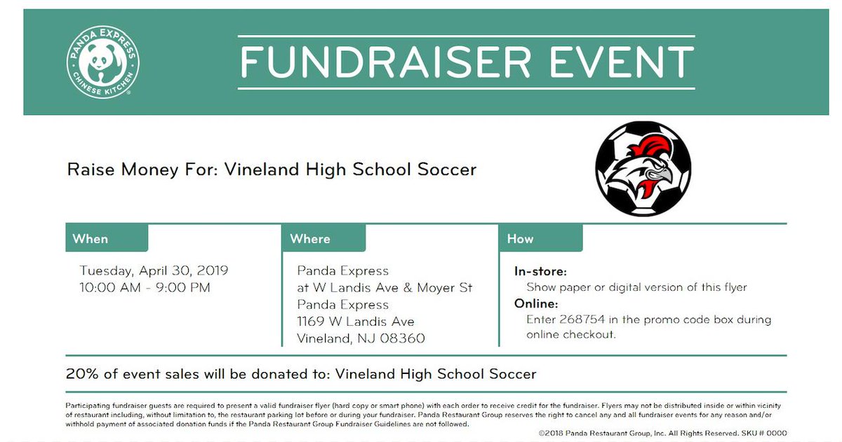 Come out and eat at Panda Express in Vineland on 4/30 all day from 10:00am - 9:00pm and help Support VHS Soccer.  <a href="/BoysSoccerVHS/">VHS Boys’ Soccer</a> <a href="/2020vhs/">vhs class of 2020</a> <a href="/vhsclass0f2019/">VHS CLASS OF 2019</a> @RockTheRoostVHS <a href="/VLDSchools/">Vineland Public Schools</a>