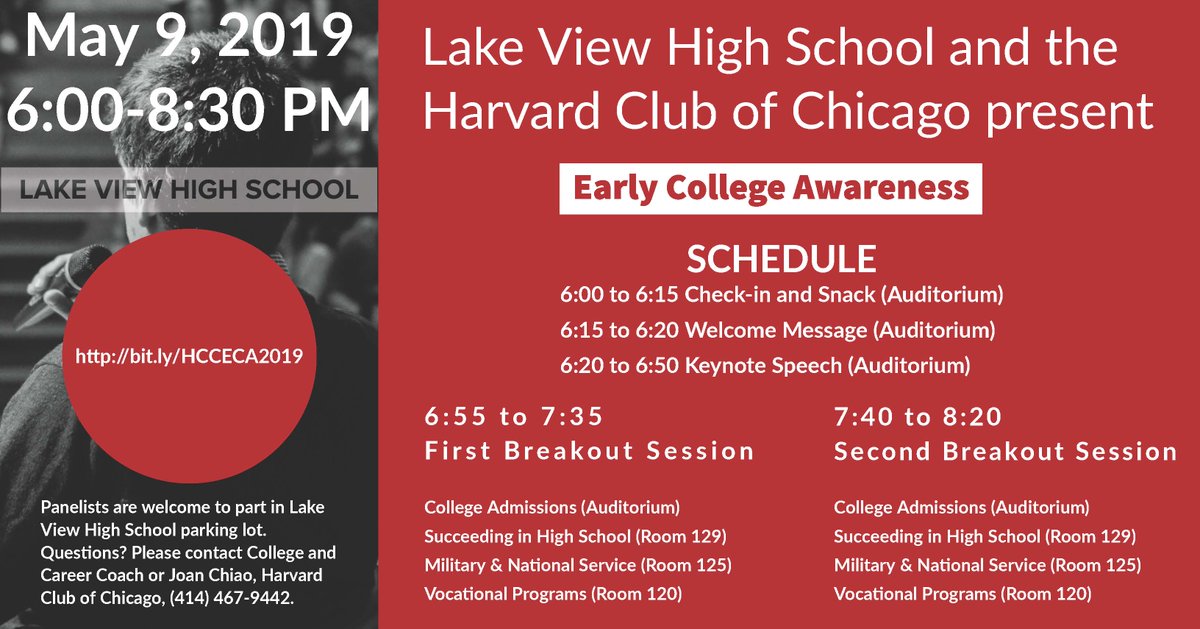 Great night of info and activities about success in high school and college hosted by <a href="/LakeViewHS/">Lake View HS</a> and the Harvard Club of Chicago for families with students in grades 6-11. Free, but preregistration required at bit.ly/HCCECA2019  <a href="/FOLVHS/">Friends of Lake View High School</a>