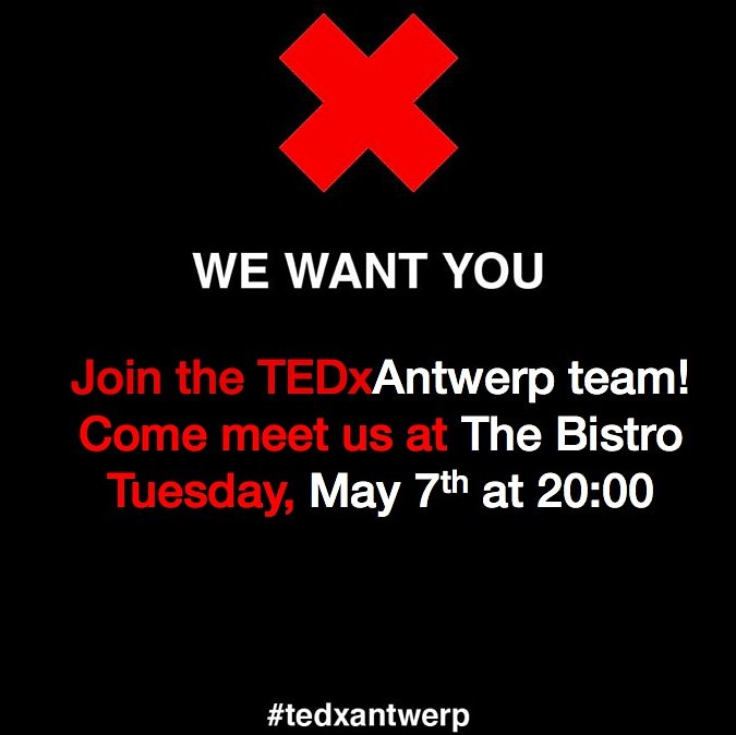 ❌ Join our team! ❌ 
May 7th from 20:00 to 22:00, we'll host a small event at The Bistro (Wapper 1/a, 2000 Antwerpen goo.gl/maps/Xofm7FaBk…). Our current team members will be there and will tell you how we work and how YOU could fit in. 
#TEDxAntwerp #TEDx #antwerp #antwerpen