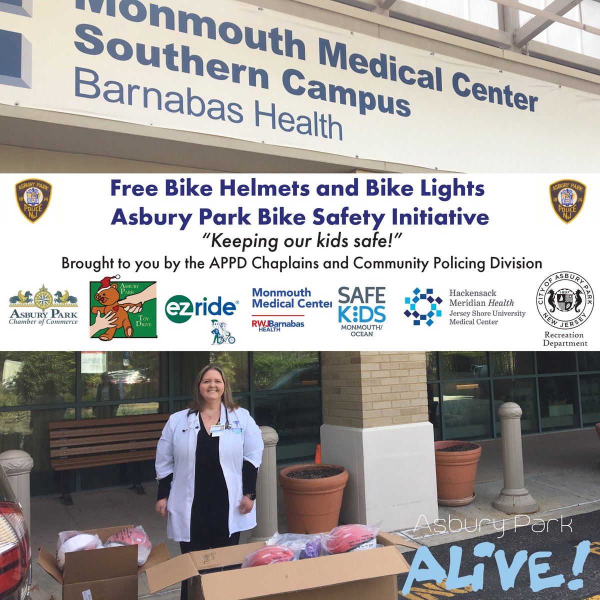 The AP Police Chaplains and APPD Community Policing Division have partnered to support the AP Bike Safety Initiative. During the Asbury Park ALIVE! event, 200 helmets and 200 bike lights will be given away to youth through generous donations #bikesafety #communitypolicing