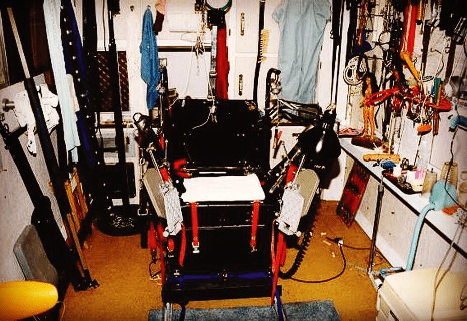 necronomipod's tweet photo. A shot of the gynecology chair David Parker Ray rigged up inside of his “toy box” to restrain his victims, as well as the numerous tools he used to torture them.

This sadistic episode is available right now...

#toyboxkiller #davidparkerray #serialkiller

#itunes 
#podcast https://t.co/88gtVzX5eA