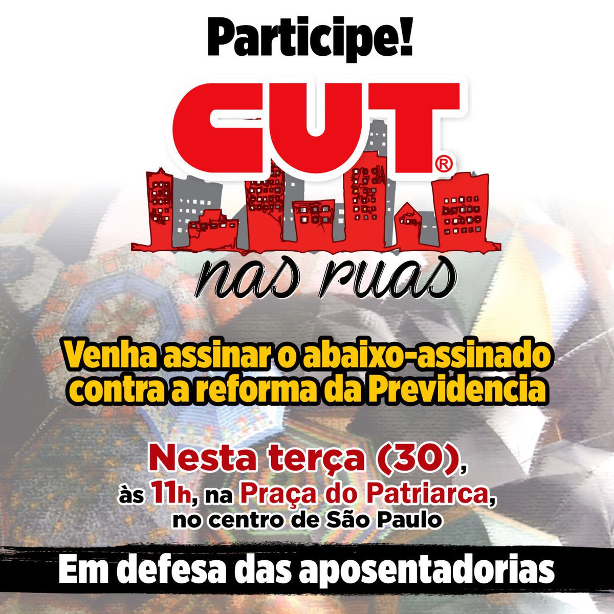 CUTsaopaulo's tweet photo. Amanhã, terça (30), tem mais #CUTNasRuas contra a reforma da Previdência. Se estiver pelo centro de São Paulo, participe! https://t.co/luHzRlt5wm