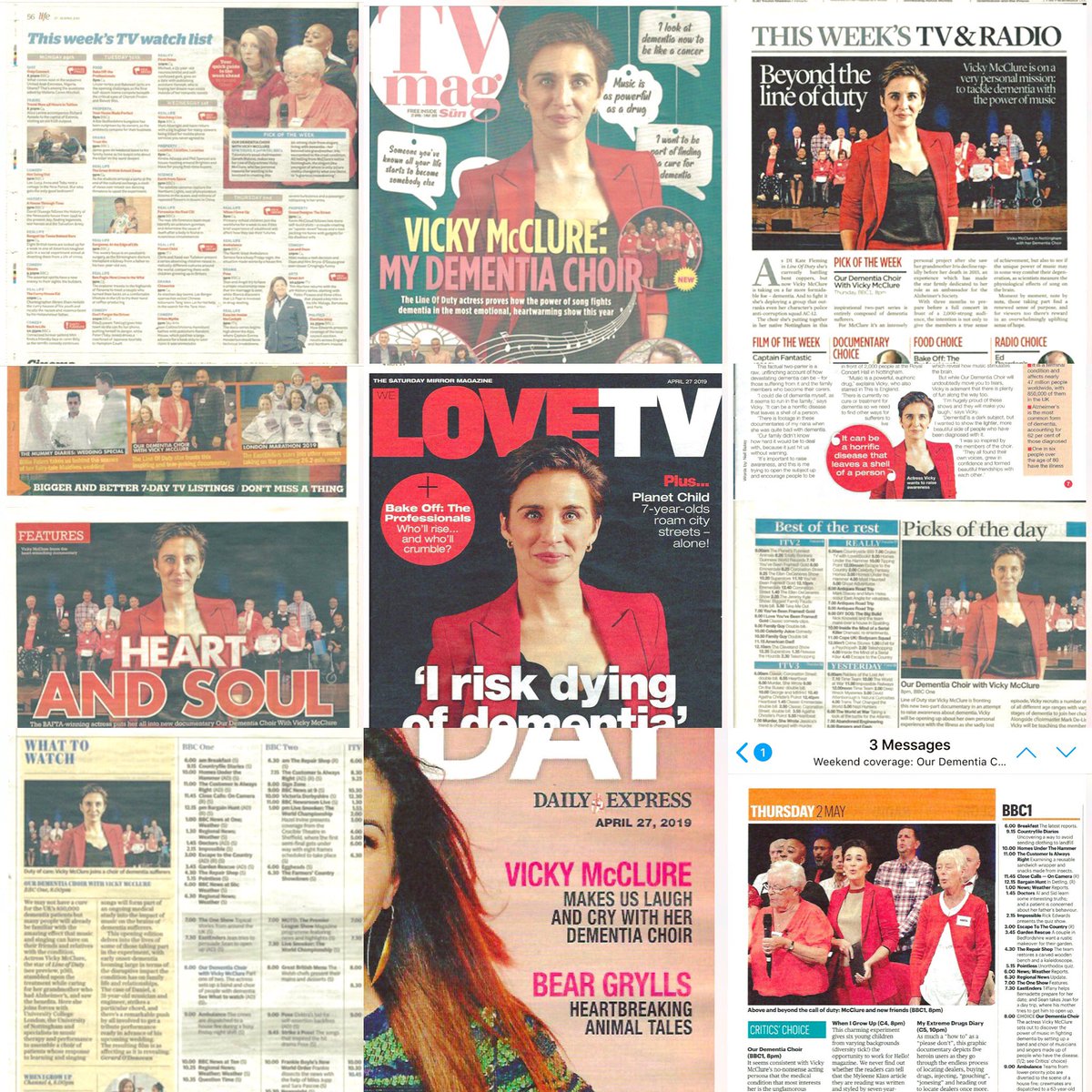 Vicky_McClure's tweet image. Some of this wkends press!Ridiculously grateful it’s getting so much great attention! 
Let’s keep spreading the word!How great would it be if we got millions of viewers for this wonderful choir and some extremely vital science we look at towards understanding dementia better!♥️🎶