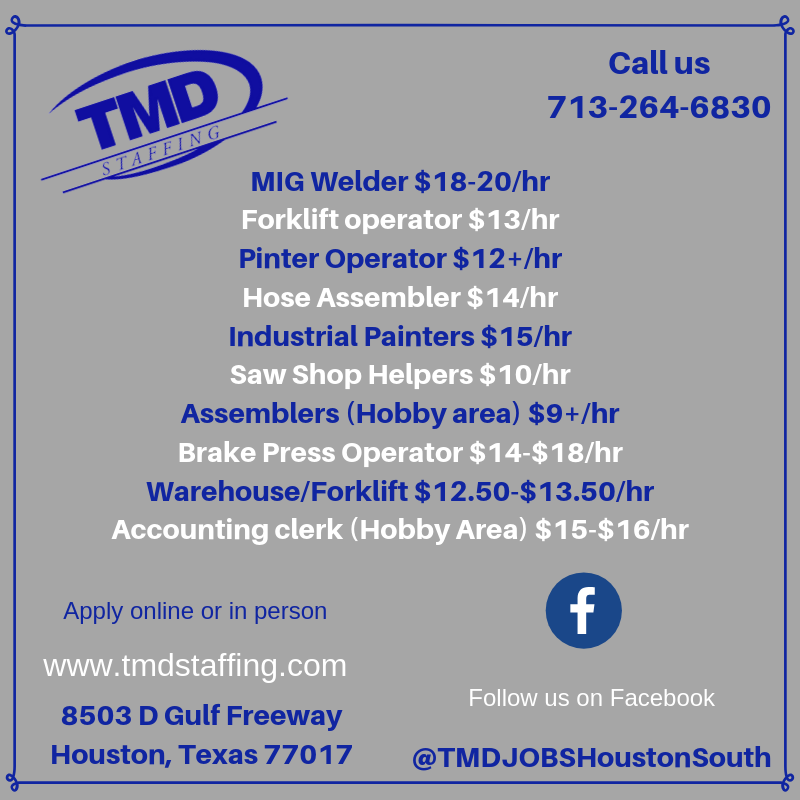 Tmd Staffing On Twitter Jobs Jobs Jobs Houstonjobs Welder Forklift Assembler Painters Industrial Shophelper Breakpress Warehouse Accounting Teamtmd Tmdstaffing Https T Co Hhfbscqd6t