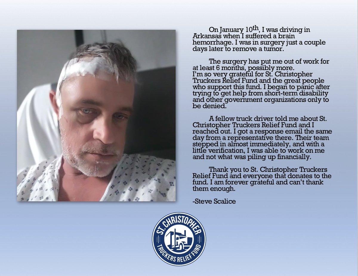 truckerfund's tweet photo. When you donate to St Christopher Truckers Relief Fund, you help drivers like Steve. Make a monthly donation and support a fellow trucker in need. https://t.co/kmP5eIgvYX #makeadifference #truckersfund #truckerrelief #donate https://t.co/830Lrgg0Zy