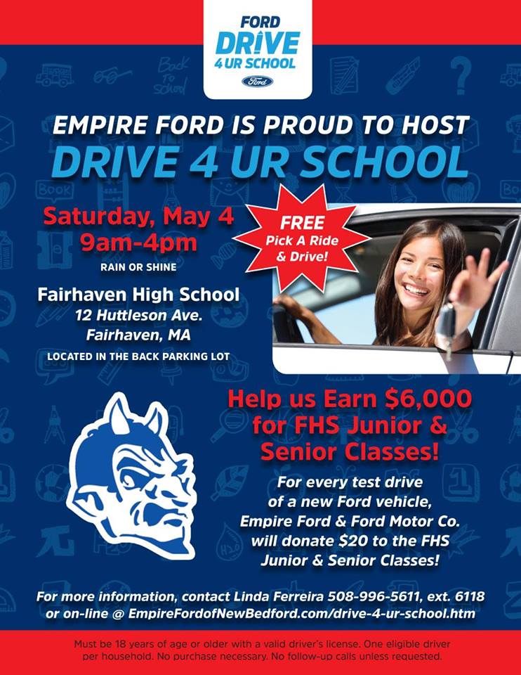 This Saturday (5/4)! Join the Junior and Senior classes and Empire Ford. The classes earn money per every test drive. Come drive a car from 9AM- 4PM at the high school. #FHS