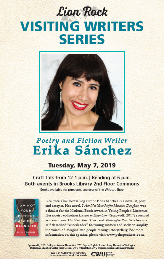 CWULibrary's tweet photo. The last Lion Rock event of the school year will be taking place on May 7 @ Brooks Library. Erika Sánchez is a poet, novelist, and essayist living in Chicago. Her debut young adult novel is a NYT Bestseller &amp; a National Book Awards finalist. For more info:
https://t.co/RKeJaN8QX9 https://t.co/ix1TelQ7sW