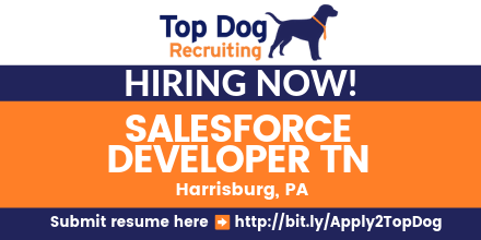 topdogrecruit's tweet photo. #Hiring SALESFORCE DEVELOPER TN - PA #jobs #jobsearch #jobseeker #jobshiring #SFDC #SalesforceDeveloper certified #VisualBasicScript #MSSQL Server #Apex #VisualForce #APIs #Visualforce #Lightning #JavaScript #HTML5 #CSS #Harrisburg #PA Apply here https://t.co/vaw5qCWEjs https://t.co/EbEDJgG38Q