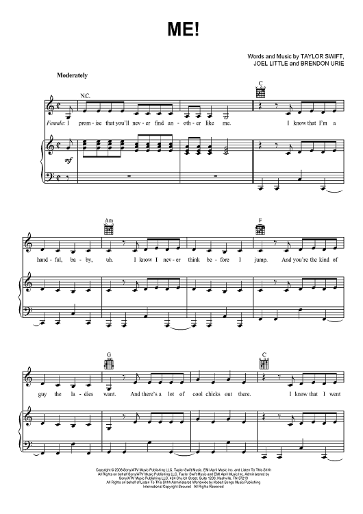 1SheetMusicNow's tweet photo. Official sheet music for "Me!" by @taylorswift13 featuring @brendonurie from @PanicAtTheDisco is now available! Learn the new single today:  https://t.co/dpGThkKBQT 🎵 https://t.co/L5NdwGhILu