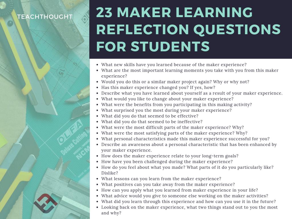 ThoughtStretchr's tweet photo. Maker Learning may benefit even more from reflection than more traditional academic experiences due to the fail-forward/try-again persistence required by this approach. 

23 Maker Learning Reflection Questions For Thoughtful Students - TeachThought PD https://t.co/HnL6vpiAZE https://t.co/8diAK4r5F6