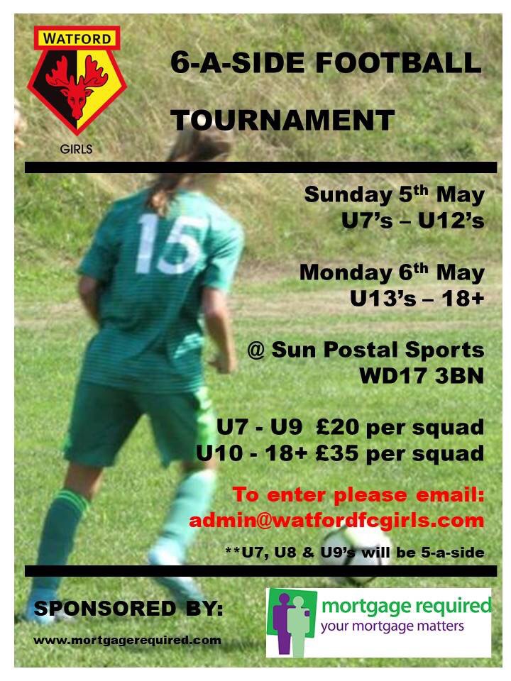 We are still looking for U15, U16 and U18 / Open Age Female teams to enter our 6-A-Side Tournament on Bank Holiday Monday, May 6th! Come on Girls &amp; Ladies, come and enjoy a Footballing Bank Holiday..!! <a href="/Ant_Watford/">Anthony Matthews</a> <a href="/GarstonLadiesFC/">Garston Ladies FC 💙</a> @RoystonTownLFC <a href="/HHTLFC/">Hemel Ladies FC</a> <a href="/SBJFC1/">Stevenage Boro Juniors FC</a> @thlfcofficial
