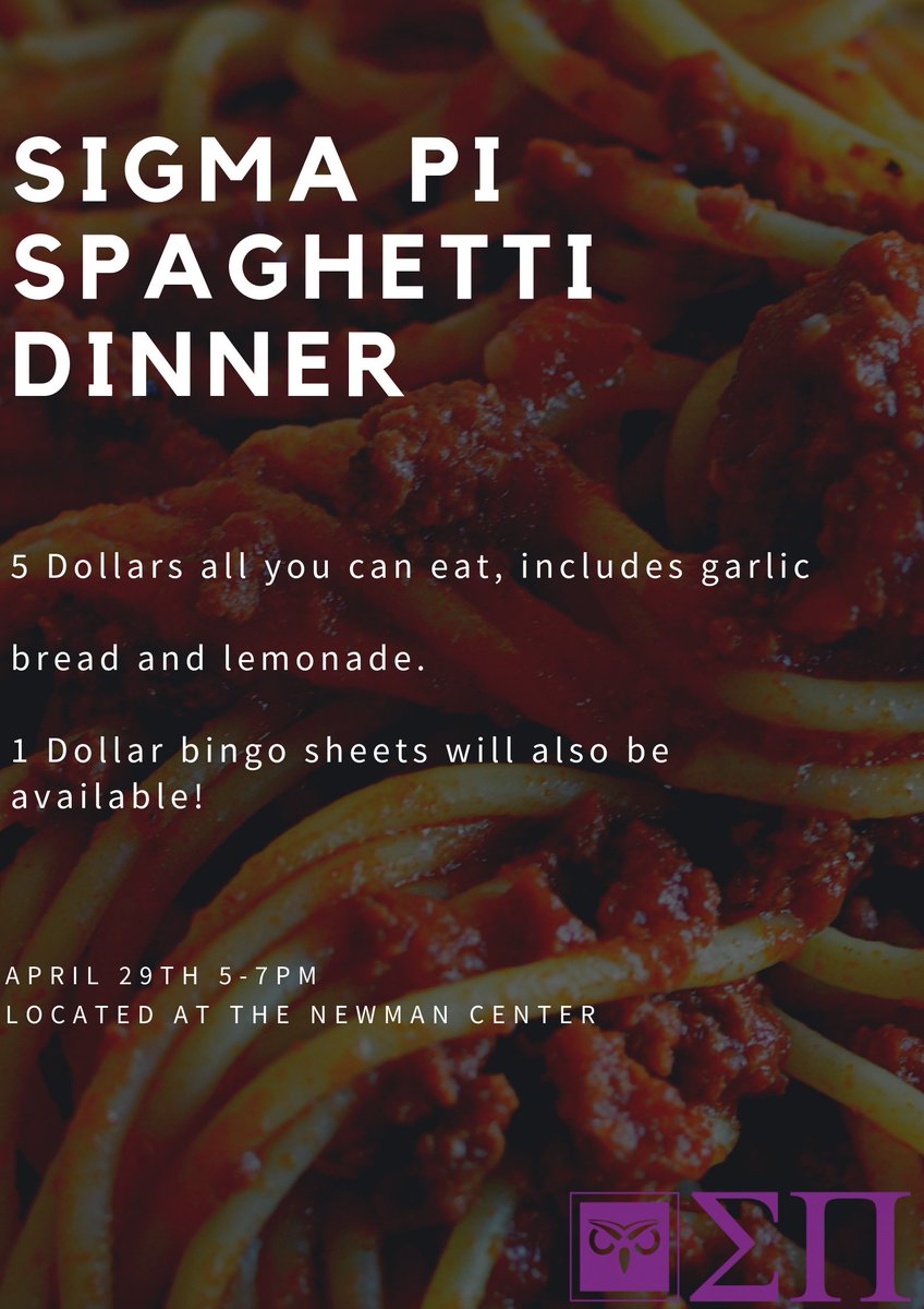 SigmaPi_WIU's tweet image. Come get some spaghetti, 5-7pm at the Newman Center, it&apos;s all you can eat for $5!!!