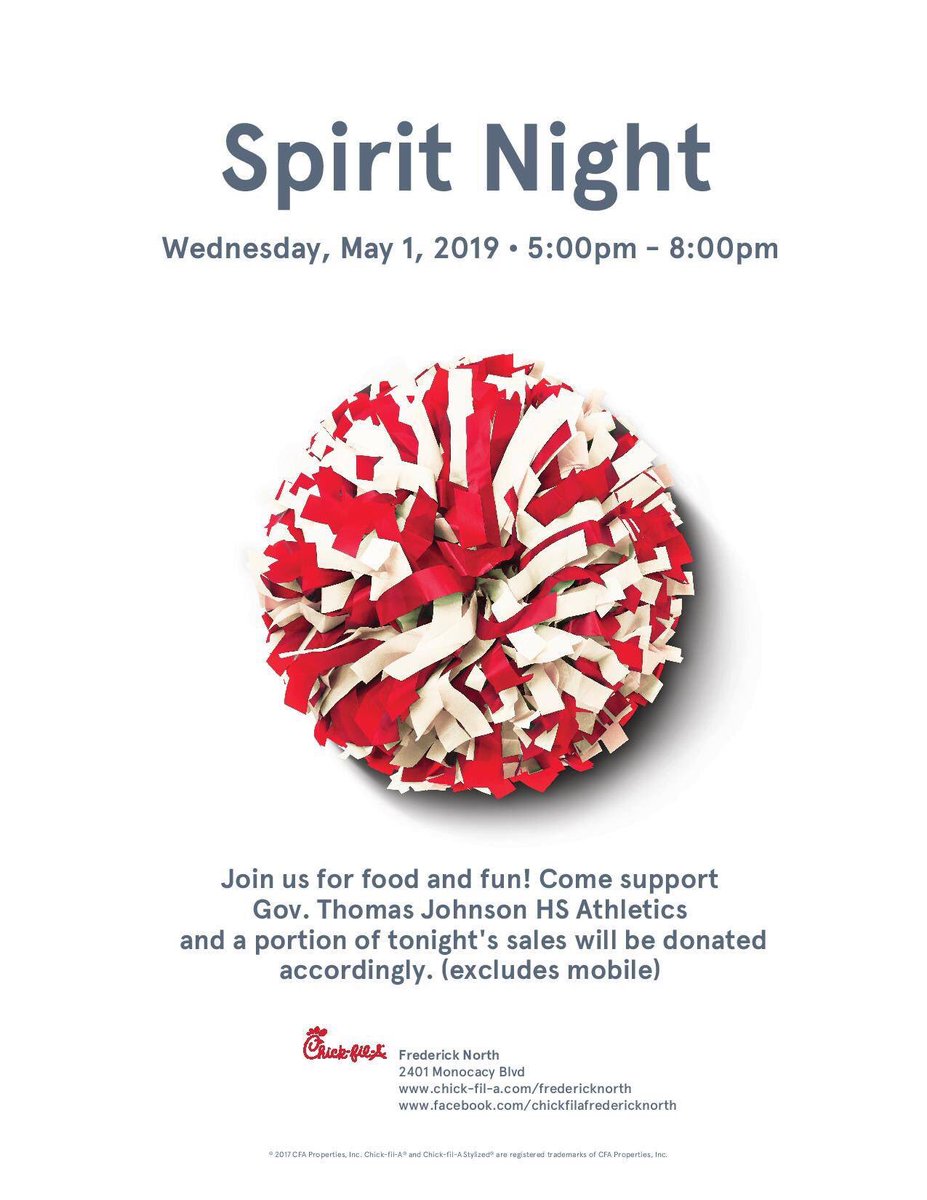 You know you want some <a href="/ChickfilA/">Chick-fil-A, Inc.</a> so come on out to the Monocacy Blvd location this Wednesday and help support the <a href="/GTJHSAthletics/">TJ Patriot Athletics</a> Boosters!! Thanks so much!!