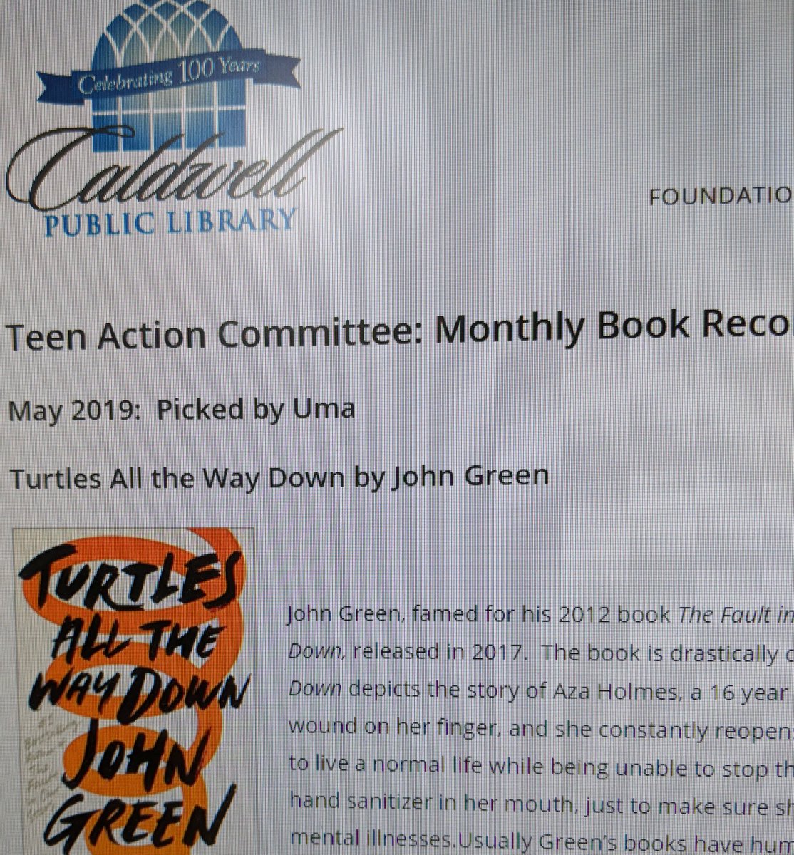 The latest YA book recommendation from our Teen Action Committee meeting is posted! Uma's picked Turtles All the Way Down by John Green Check it out on our website! ow.ly/leTD50t9GE4 #caldwellplnj #teenbookreview #yabooks #yabookreview