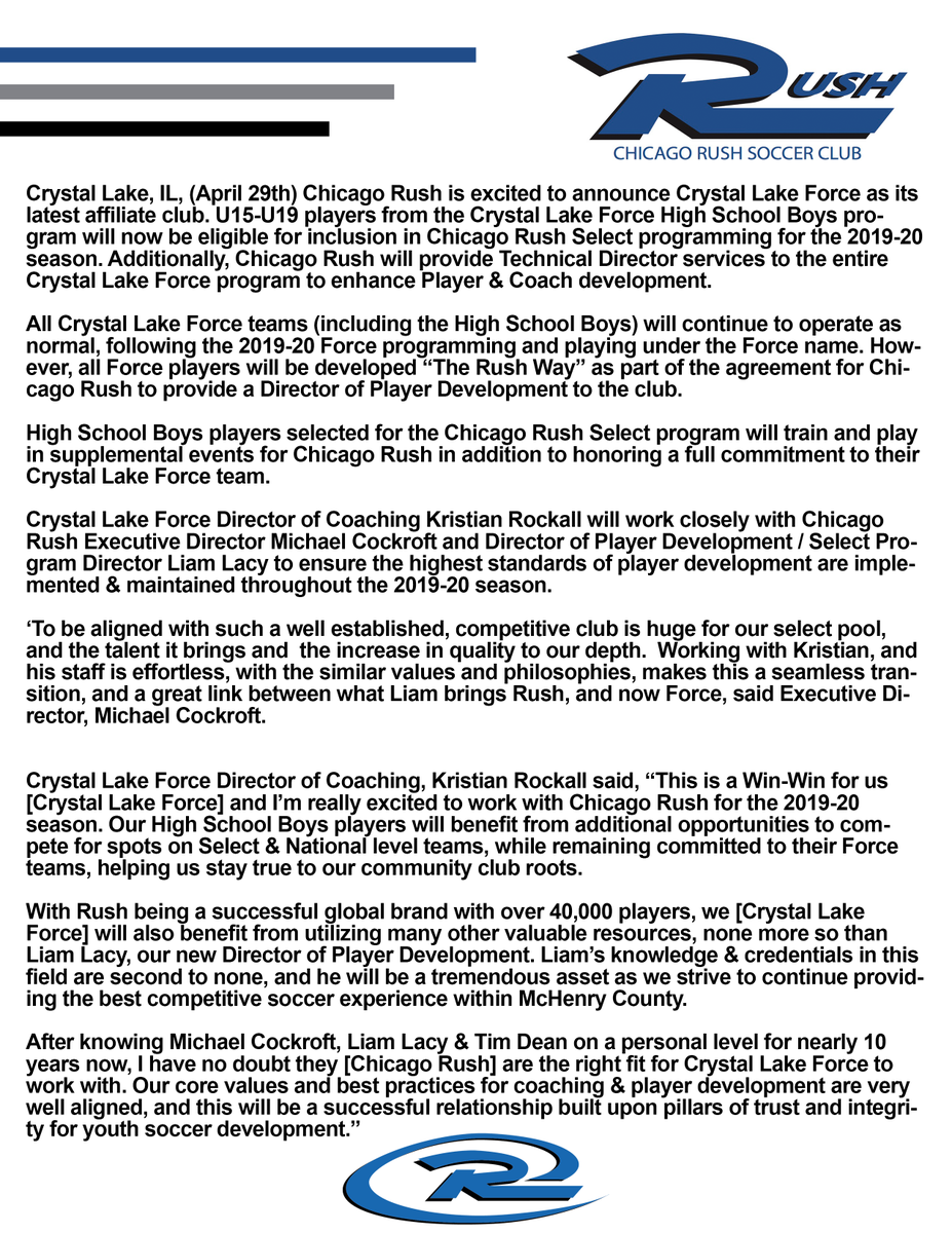 forcefcofficial's tweet photo. Crystal Lake Force is excited to announce partnership with @rush_chicago!  (Chicago Rush Soccer Club)

#jointhejourney #ChicagoRush #CrystalLakeForce #affiliate https://t.co/kojTVzb2nN