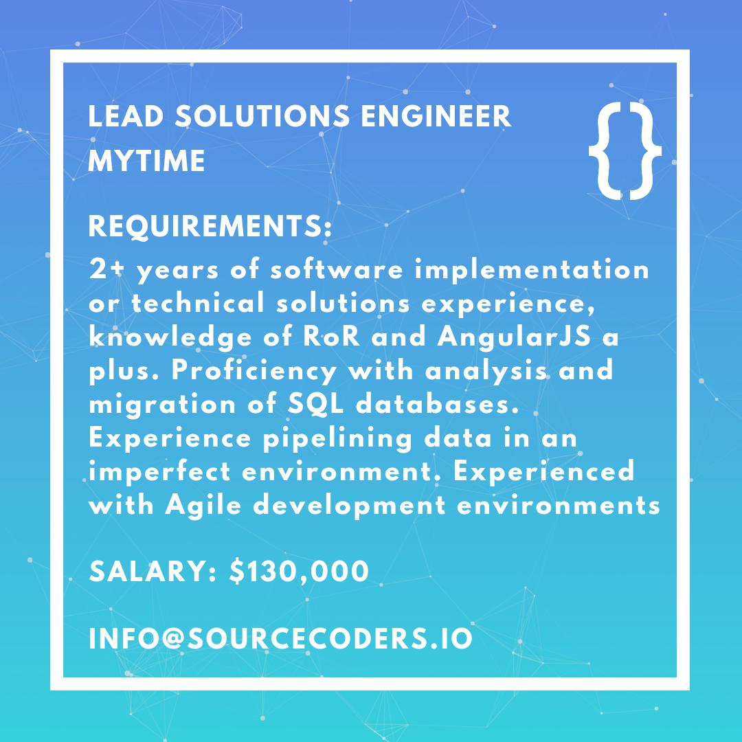 sourcecodersio's tweet image. Our client, Mytime, are looking for a Lead Solutions Engineer to design and develop data migration tools and processes vital to the growth of the company.
For more information and to apply, head to bit.ly/2ICYKSn. 
#sourcecoders #devjobs #techjobs #engineer #mytime