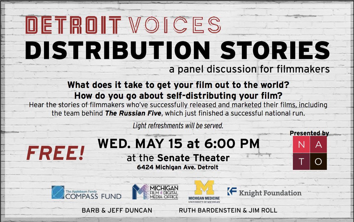 tedhouser's tweet image. Michigan film friends: @CinetopiaMI is holding a free panel event on distribution on Wed, May 15th at the @Senate_Theater. The guests will include the team behind The Russian Five + visiting filmmakers from NY &amp;amp; LA! Find out what it takes to get your film distributed!