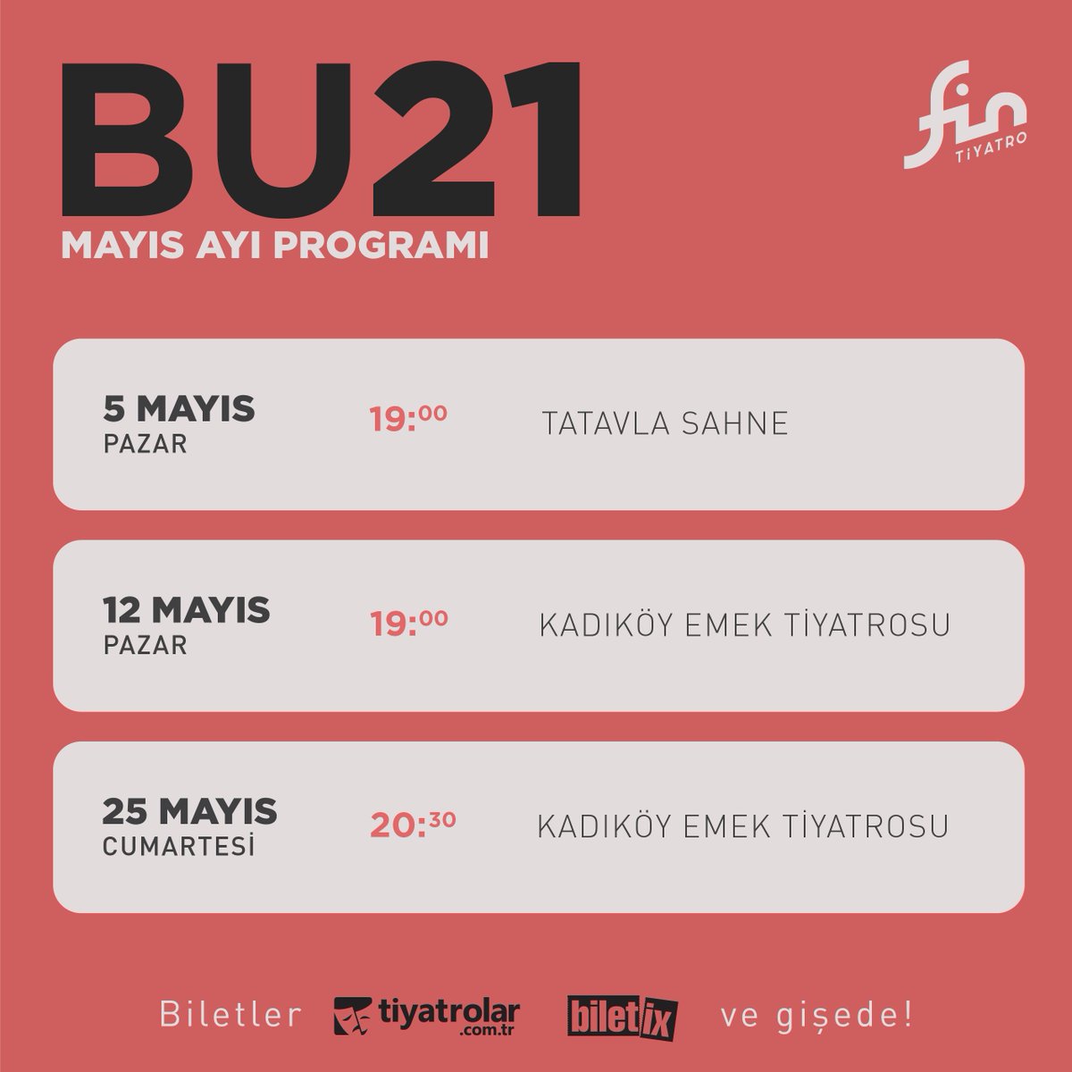 #BU21
#fintiyatro

Sezonu kapatıyoruz, son oyunlar!
Mayıs ayı güncel oyun programımız.

Biletler tiyatrolar.com.tr, @biletix ve gişede!
