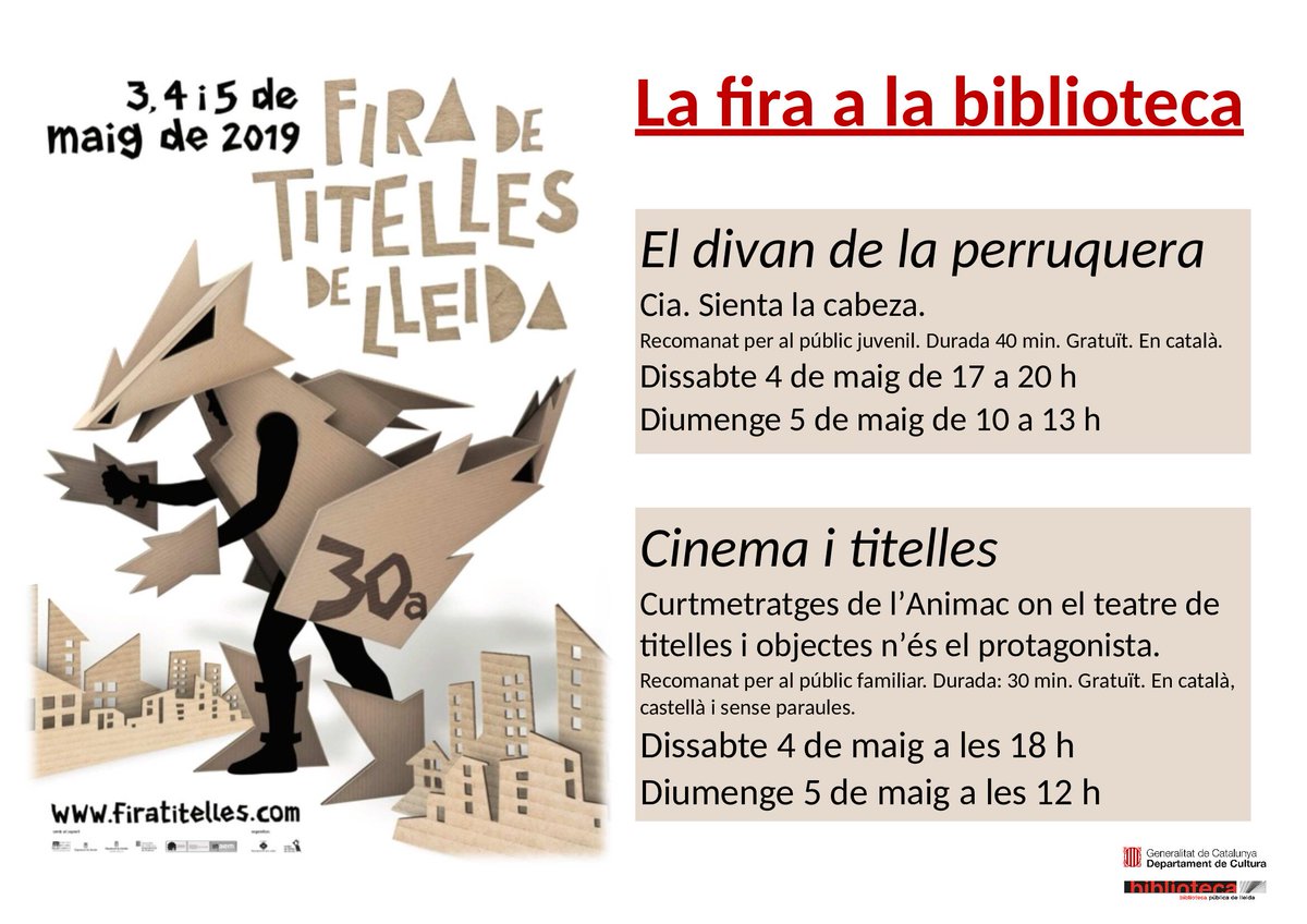 La <a href="/firatitelles/">Fira de Titelles</a> torna a la biblioteca! Dissabte 4 i diumenge 5 de maig, la biblioteca acull dues activitats de la fira. Consulta la programació i no te les perdis!
ow.ly/u6T750rTDO9
<a href="/SientalaCabeza/">Sienta la Cabeza</a> <a href="/Animac_Lleida/">Animac</a> <a href="/bibliotequescat/">Biblioteques</a> <a href="/bibliotequeslle/">Biblioteques Lleida</a>