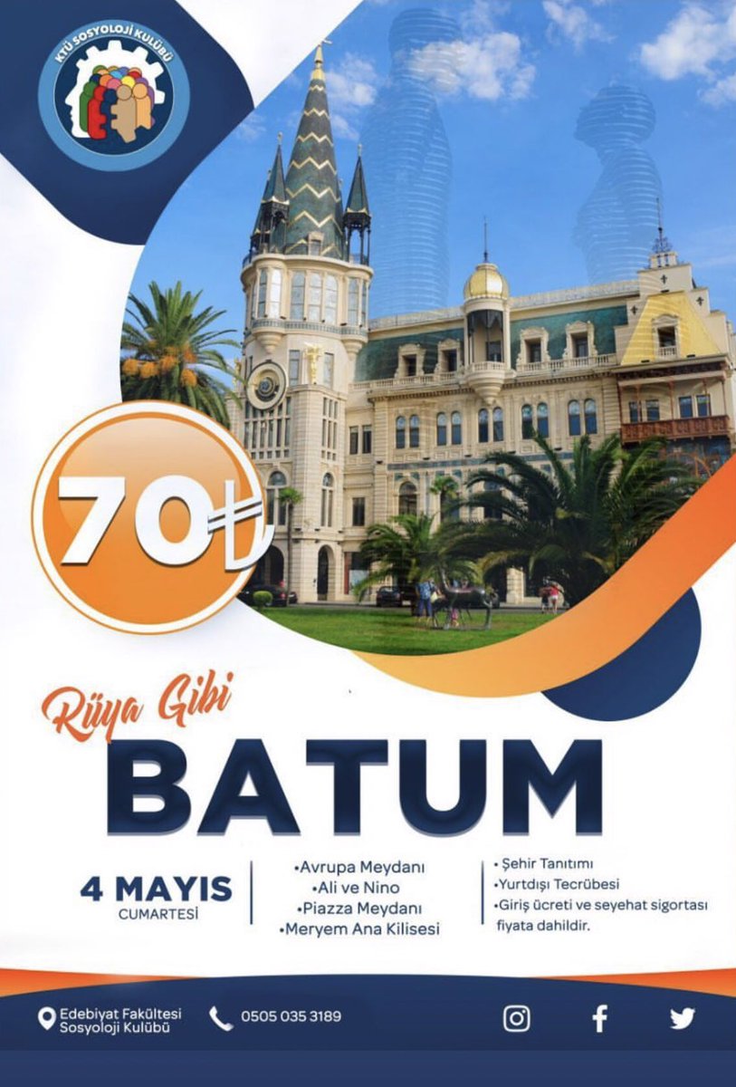 Sezonun son gezisi “BATUM”
Vizelerden çıkmış yorgun ruhunuzu ve bedeninizi dinlendirecek finallerden ve ramazandan önce sizi dinç kılacak harika bir gezi. 
4 Mayıs’ta hepinizi bekliyoruz, iletişim için dm ya da numaradan ulaşabilirsiniz.