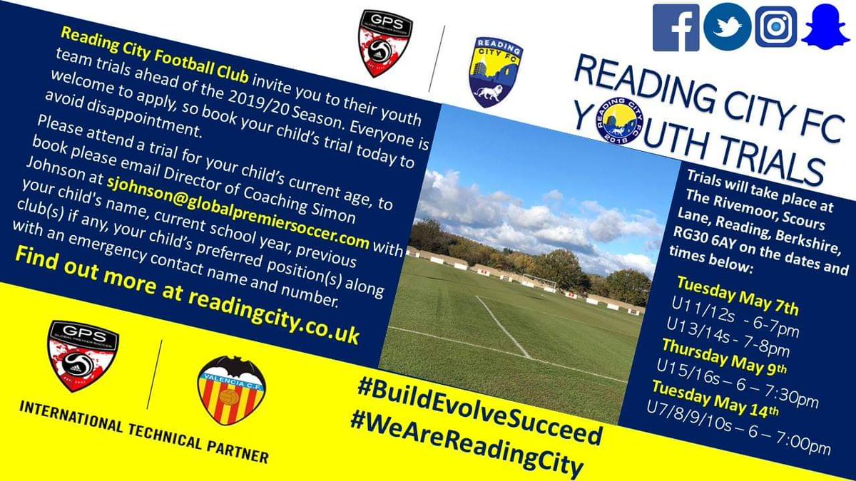 ️️⚽️ YOUTH TRIALS | We invite you to our youth team trials ahead of the 2019/20 Season. 

☑️ Fantastic pathway in to senior football. 
☑️ Provided access to the <a href="/GPSoccerUK/">Global Premier Soccer UK</a> International Technical Partnership with <a href="/valenciacf_en/">Valencia CF</a>.

➡️pitchero.com/clubs/readingc…

#WeAreReadingCity