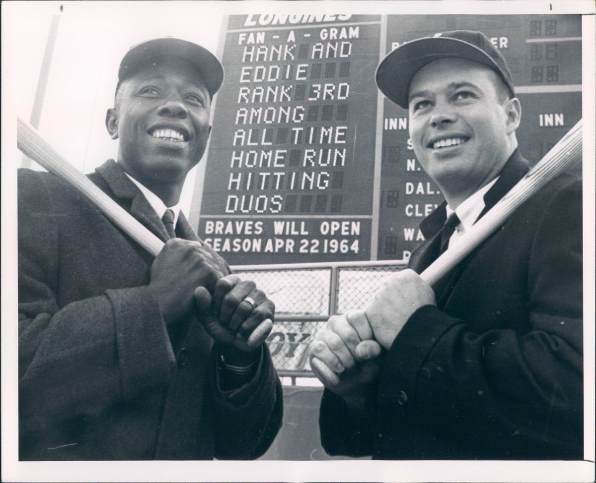 Baseballhistorynut On Twitter Hank Aaron And Eddie Mathews Were All Smiles In January 1964 County Stadium Scoreboard In The Background Milwaukee Mlb Https T Co T40yzb9e3i