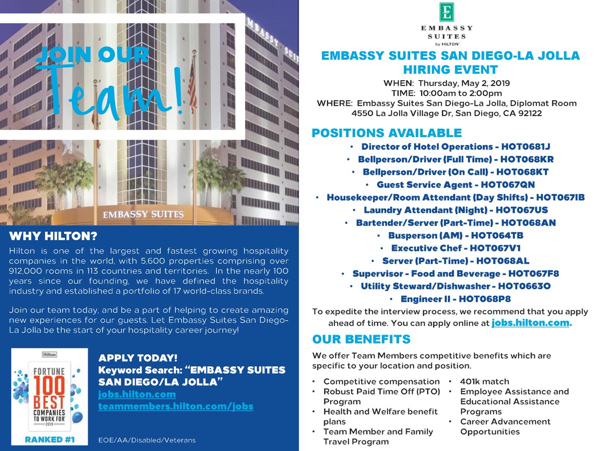 Looking to work at Hilton? Stop by our hiring event 5/2, 10am-2pm at Embassy Suites San Diego - La Jolla! #hiring #jobfair #Hilton #CareerFair