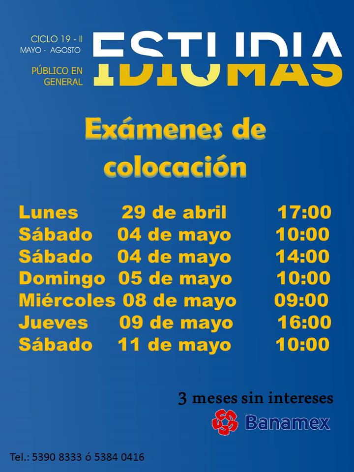 Ultimas fechas de examen de colocación

Iniciamos el 12,13,14 y 18 de mayo