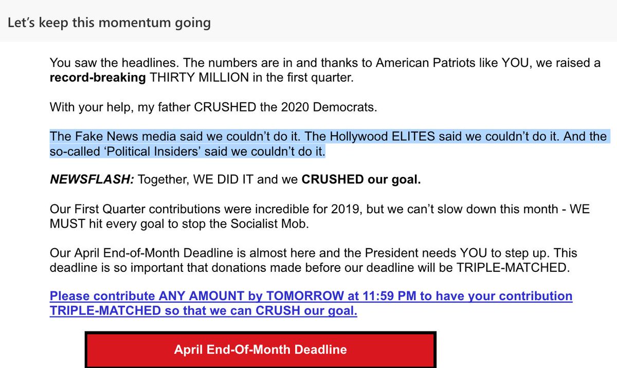 Today's Trump fundraising email, where they use a strategy of pretending that people didn't believe they'd be able to raise money.