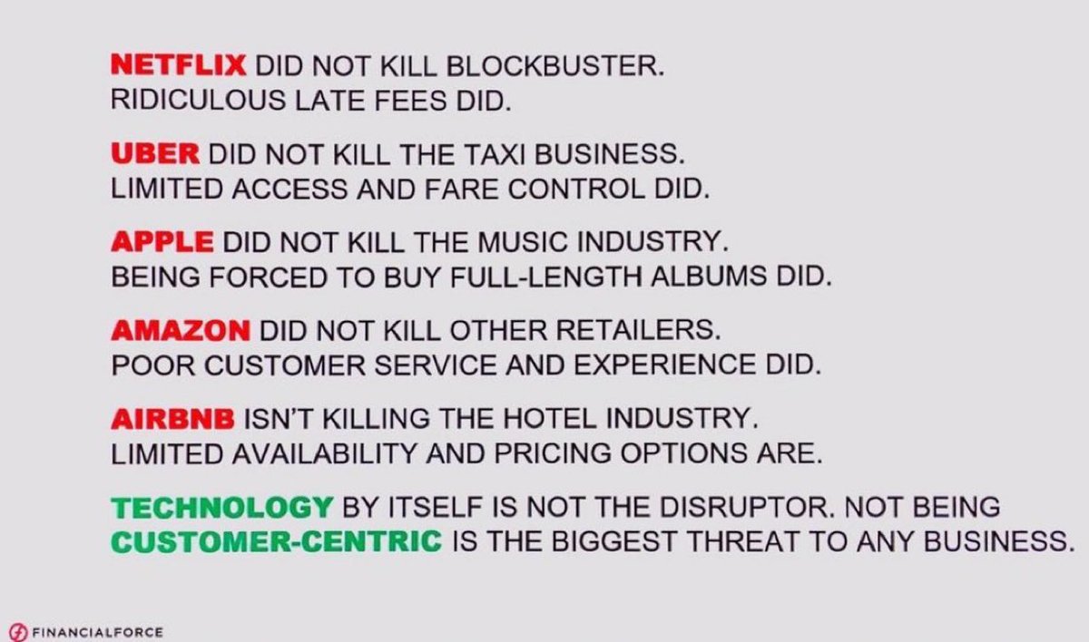 .@Netflix did not kill blockbuster. Ridiculous late fees did.

<a href="/Uber/">Uber</a> did not kill taxi business. Limited access and fare control did.

@Amazon did not kill other retailers. Poor customer service did. 

Not being customer-centric is the biggest threat to any business. —<a href="/betobrea/">Alberto Brea</a>