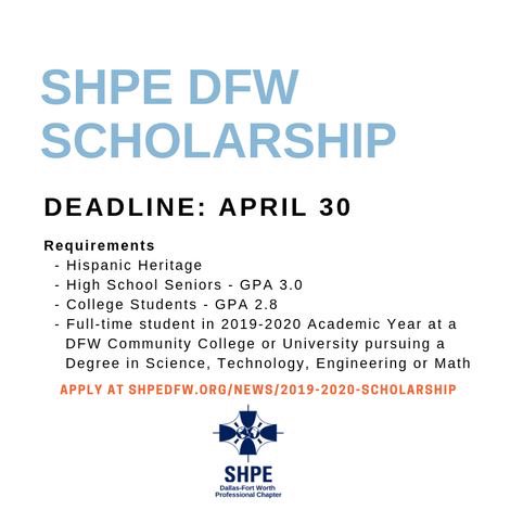 REMINDER: The deadline for the #SHPEDFW #scholarship application is tomorrow!

Winners will be recognized at the #SHPE DFW Annual Awards Gala on May 20th being held at the Abacus Restaurant in Knox-Henderson District of Dallas. 

#SHPERegion5 #SHPEFamilia #Engineering #STEM