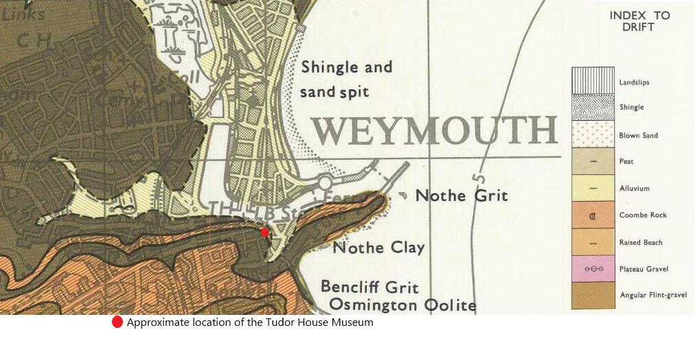 Many people find it hard to imagine that <a href="/TudorHouseWey/">Tudor House Weymouth</a> was once on the edge of an inlet from the harbour, but this geological survey – showing the alluvium-filled area that is now Brewers Quay – shows just how large that inlet would once have been.