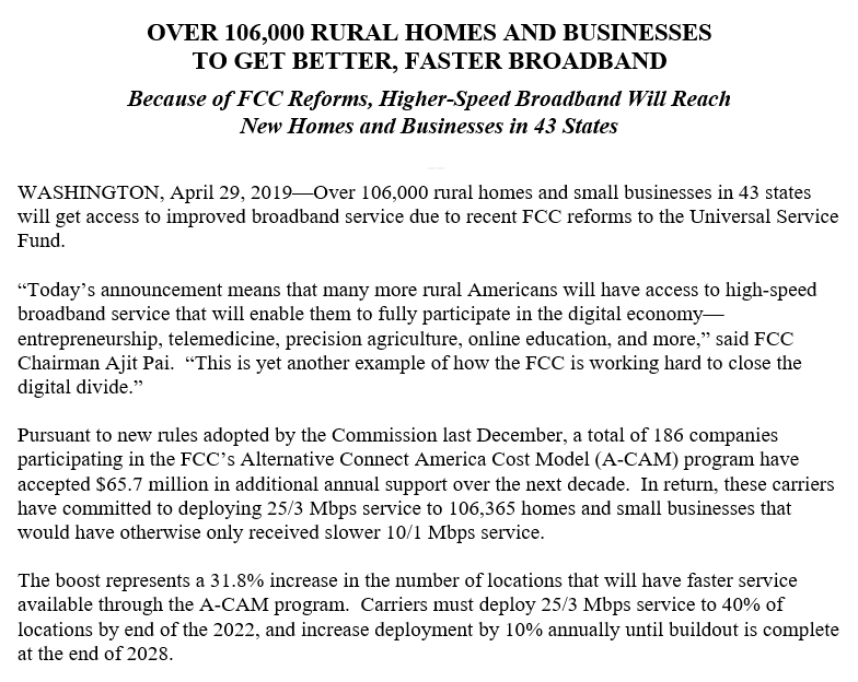 Good news on the rural broadband front! Due to <a href="/FCC/">FCC</a> reforms in December 2018, 186 companies have now committed to building out 25/3 mbps broadband to over >106K homes and small businesses that otherwise would've received slower 10/1 Mbps service. docs.fcc.gov/public/attachm…