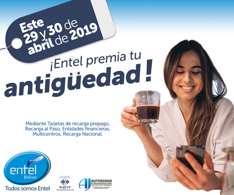Valoramos tu fidelidad ¡Entel premia tu antigüedad!

Nuestros usuarios con antigüedad mayor a 6 meses recibirán crédito de regalo. Los detalles podrás verlos aquí ➡️ entel.bo…/2278-promocion-entel-premia-tu-antigu…