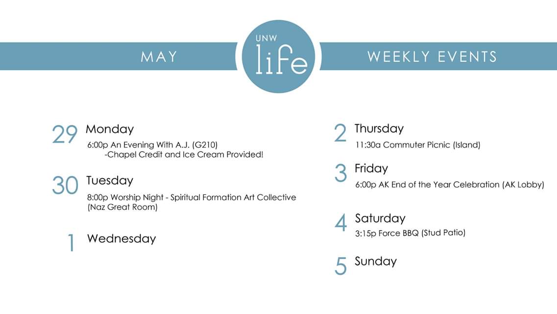 UNWLife's tweet image. Check out what's happening on campus this week as we head into May!