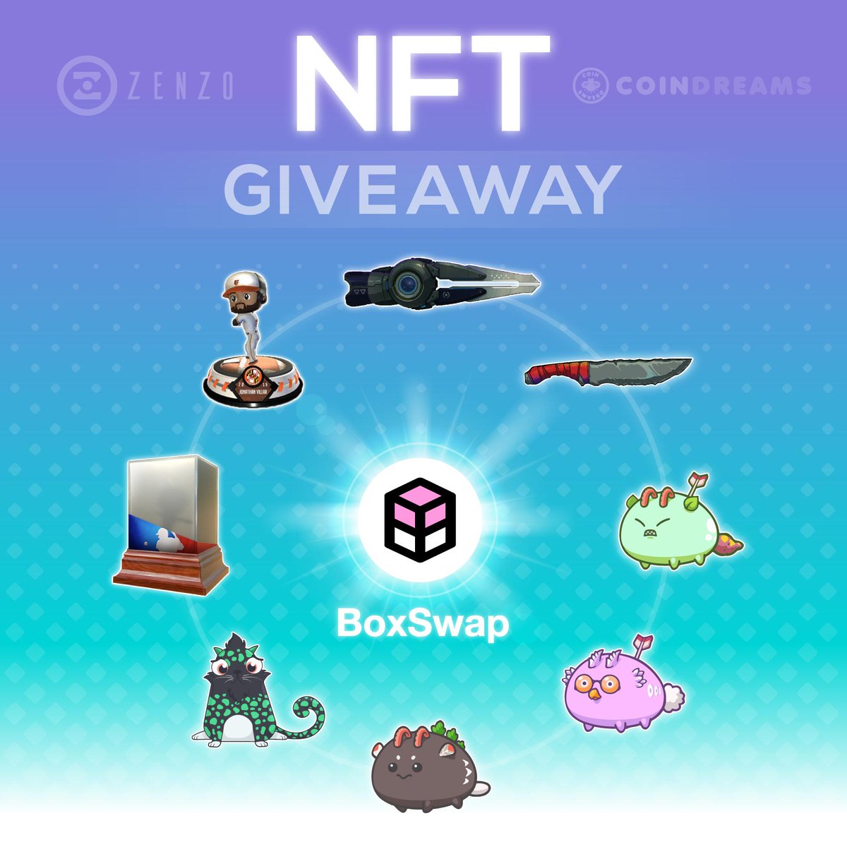 zenzo_ecosystem's tweet photo. We have partnered up with @boxswapio &amp; @CoinDreams_io to do a Mega NFT Giveaway! 🧙‍♂️🔮🎊

ENTER here: https://t.co/T1iqmLfpEH

Read the BoxSwap Interview: https://t.co/bLu8MOasAe

Win NFTs from such projects as @AxieInfinity @neondistrictRPG @MLBChampions @CryptoKitties https://t.co/LeAp2KJp4j