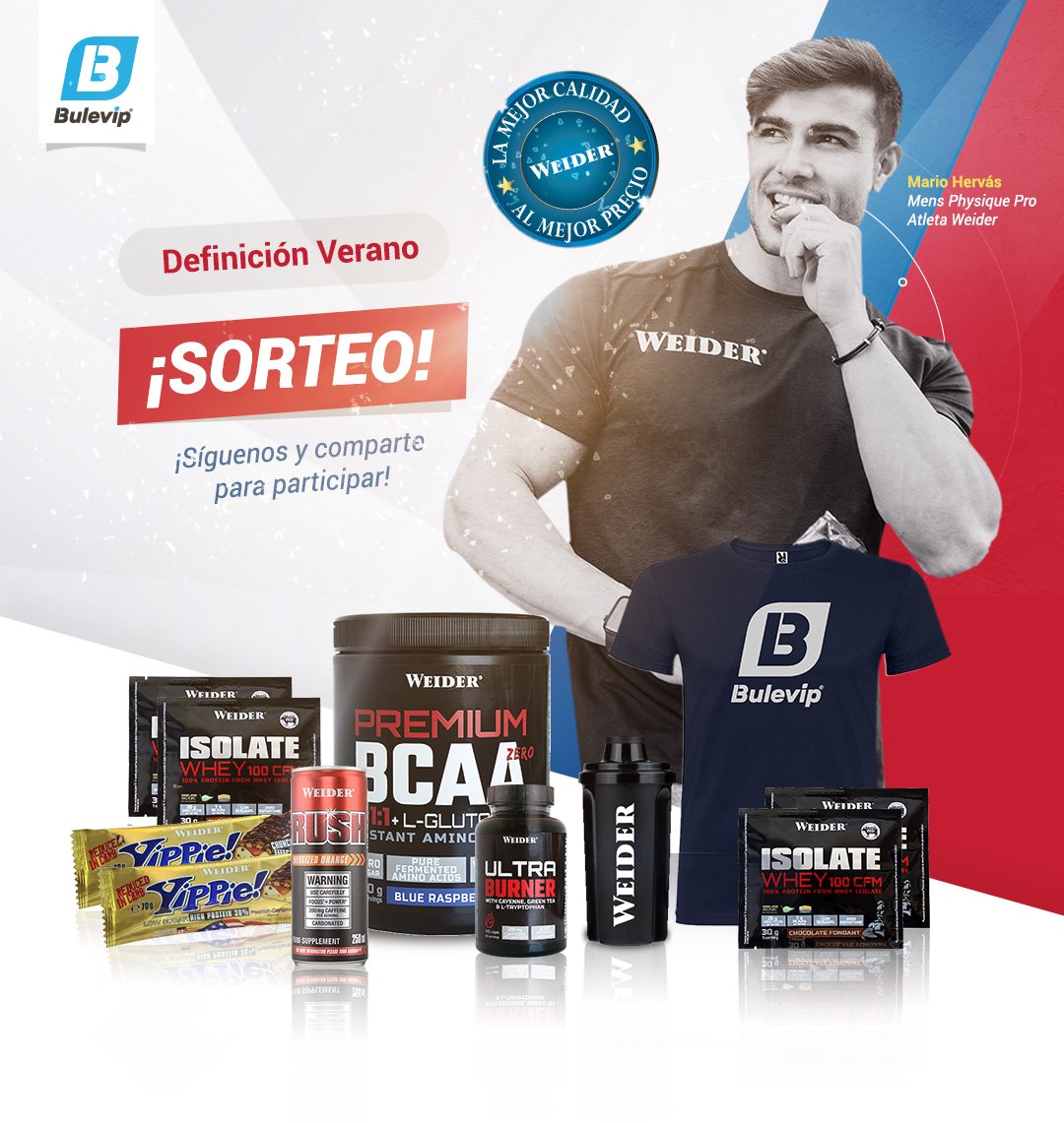 BuleVip's tweet photo. Síguenos y RT para entrar en el sorteo de dos packs @WeiderSpain  https://t.co/ZEN1bOMTbn

¡El lunes que viene anunciaremos al ganadores! 🍀

#bulevip #sorteo  #suerte #weider #definicion #operacionbikini #fitness *Sorteo válido para Península y Baleares https://t.co/RTGl1KhAKz