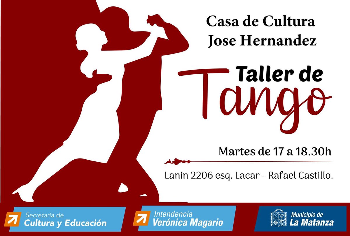 Cultura y Educación - La Matanza (@culturalmatanza) on Twitter photo NUEVO TALLER DE TANGO EN #RafaelCastillo
¿Te apasiona el Tango y te gustaría aprender a bailarlo?🎻🎤
En la Casa de Cultura de #RafaelCastillo abrimos un nuevo taller para vecinos como vos. ¡Animate! .... y aprendé a expresarte con esta hermosa danza. NUEVO TALLER DE TANGO EN #RafaelCastillo
¿Te apasiona el Tango y te gustaría aprender a bailarlo?🎻🎤
En la Casa de Cultura de #RafaelCastillo abrimos un nuevo taller para vecinos como vos. ¡Animate! .... y aprendé a expresarte con esta hermosa danza.