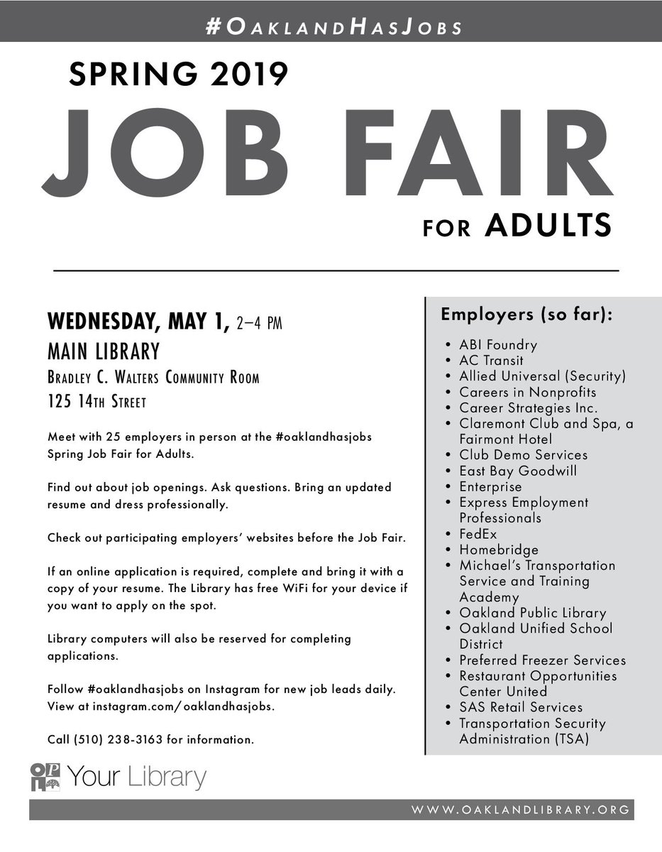ACWDB's tweet image. @oaklibrary will have its Spring 2019 Job Fair on May 1st from 2-4pm! 
25 employers will be there, so come prepared to seize your next opportunity! See the flyer for more information.
#OaklandHasJobs #SpringJobFair #JobFair #Career #Employment #Jobs
