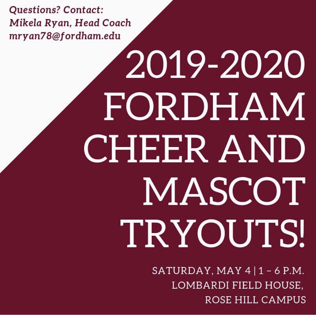 Interested in joining the Fordham Cheerleading team for the 2019-2020 school year? Come to tryouts this Saturday in lombardi field house from 1-6 PM!!! 🐑