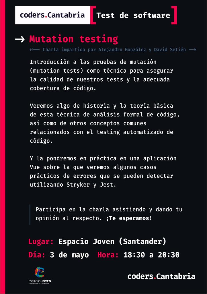 Coders Cantabria (@coderscantabria) on Twitter photo "Mutation Testing, como tecnica para asegurar la calidad de nuestros test" es la propuesta de <a href="/glez4lex/">glez4lex</a> y <a href="/DavidSetien/">David Setién Berodia 💢</a> de <a href="/plainconcepts/">Plain Concepts</a> para este viernes 3 de Mayo. Os invitamos desde <a href="/CodersCantabria/">Coders Cantabria</a> en <a href="/ejovensantander/">Espacio Joven</a> , !!! Animaos !!!!!
coderscantabria.com/2019/04/29/mut… "Mutation Testing, como tecnica para asegurar la calidad de nuestros test" es la propuesta de <a href="/glez4lex/">glez4lex</a> y <a href="/DavidSetien/">David Setién Berodia 💢</a> de <a href="/plainconcepts/">Plain Concepts</a> para este viernes 3 de Mayo. Os invitamos desde <a href="/CodersCantabria/">Coders Cantabria</a> en <a href="/ejovensantander/">Espacio Joven</a> , !!! Animaos !!!!!
coderscantabria.com/2019/04/29/mut…