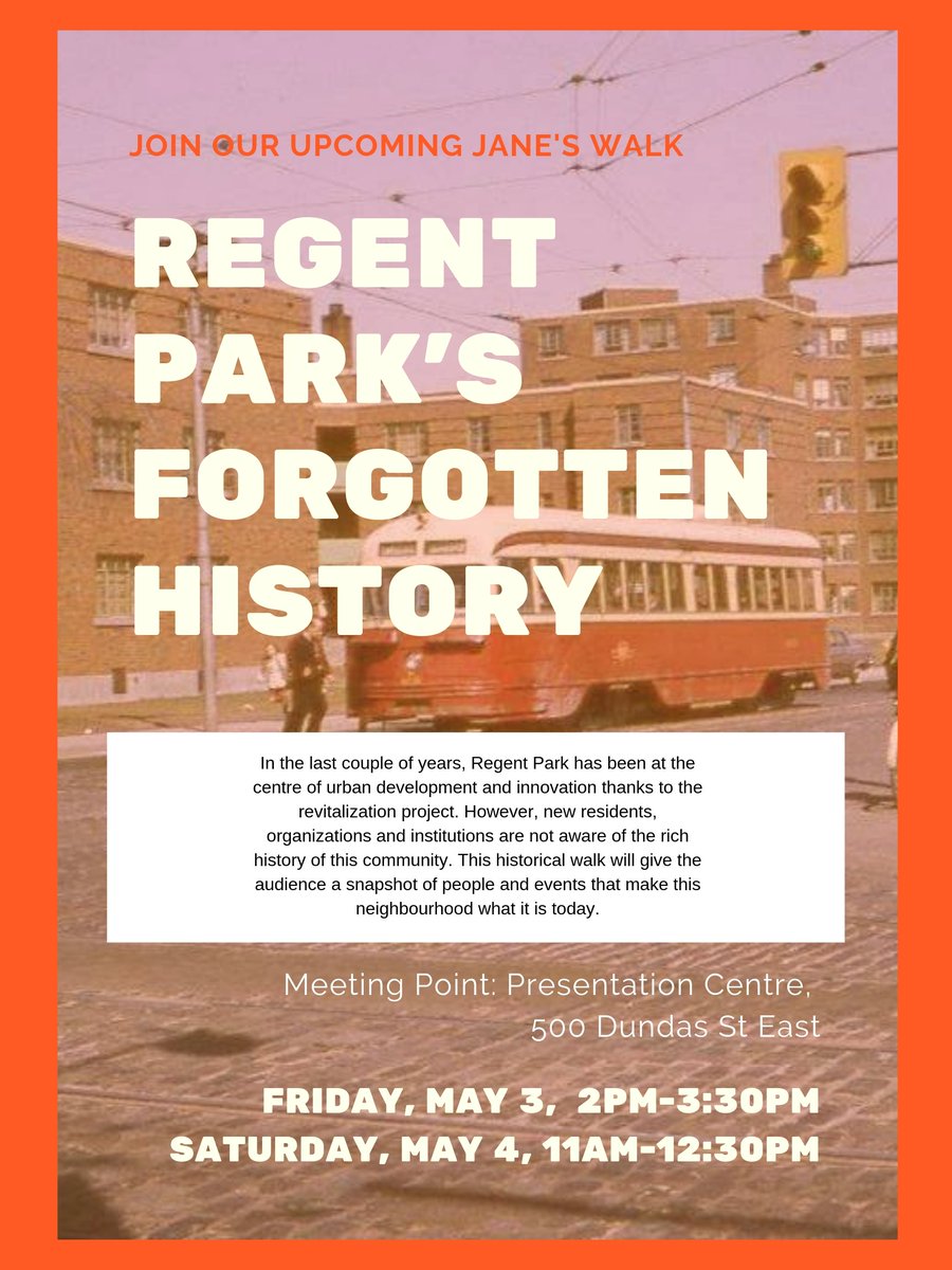 Discover the forgotten history of Regent Park. Jane's Walk tour of the hood, one of the world's largest urban renewal projects. This Friday &amp; Saturday. FREE. Everybody welcome. Starting point: 500 Dundas St E. Fri May 3, 2–3:30pm. Sat May 4, 11–12:30pm. #StrongCommunitiesTogether
