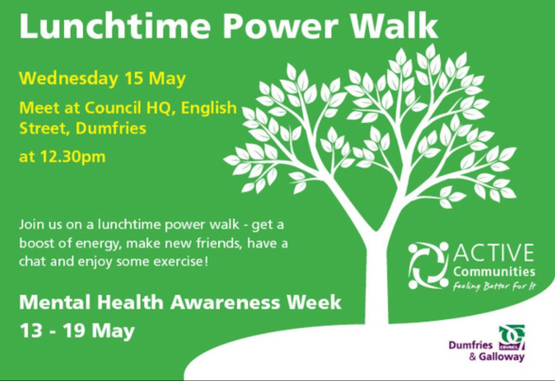 📔 Date for the diary... make time for YOU during #MentalHealthAwareness week. Join us for a lunchtime power walk in Dumfries on Wed 15 May from 12.30pm. #feelingbetterforit